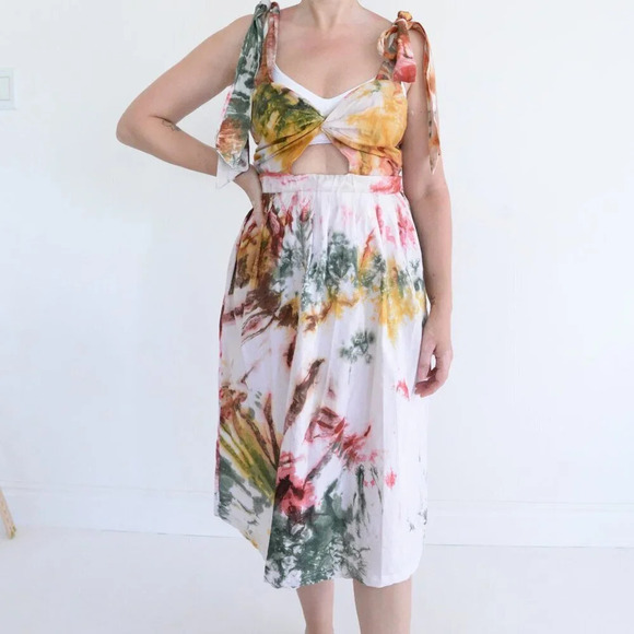Busayo Segun Tie Dyed Cut Out 100%  Cotton Watercolor Midi Dress XS - Picture 1 of 13